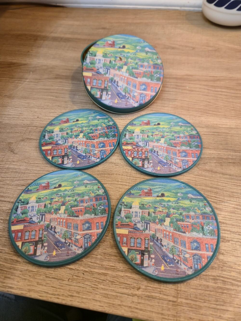 Vintage Set (4) Cork Back Coasters - City Artwork - Green Tin Container 652